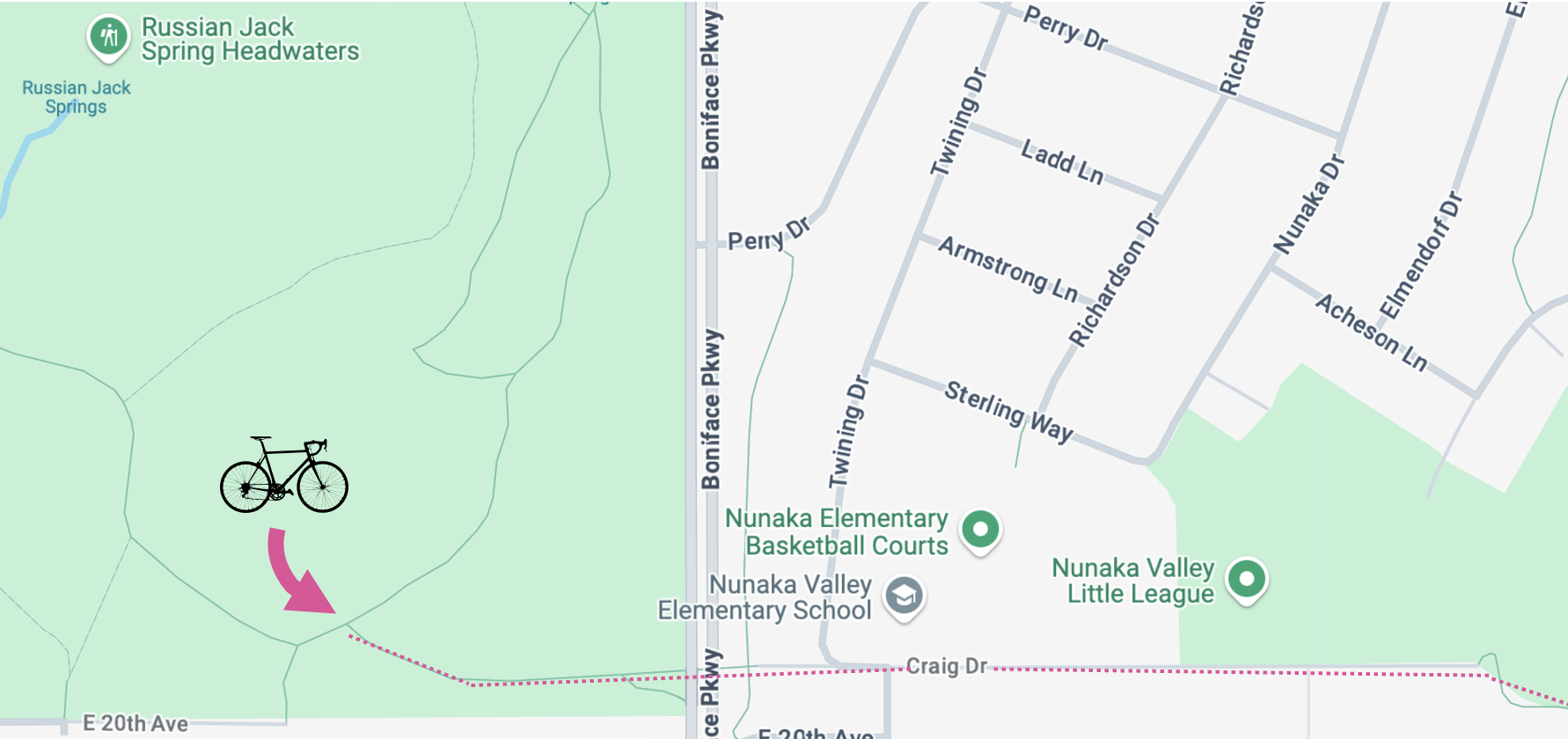 Map showing bike route for cycling to Muldoon Farmers Market in Northeast Anchorage, Alaska
Chanshtnu Muldoon Park
1301 Muldoon Road
Anchorage, AK 99504