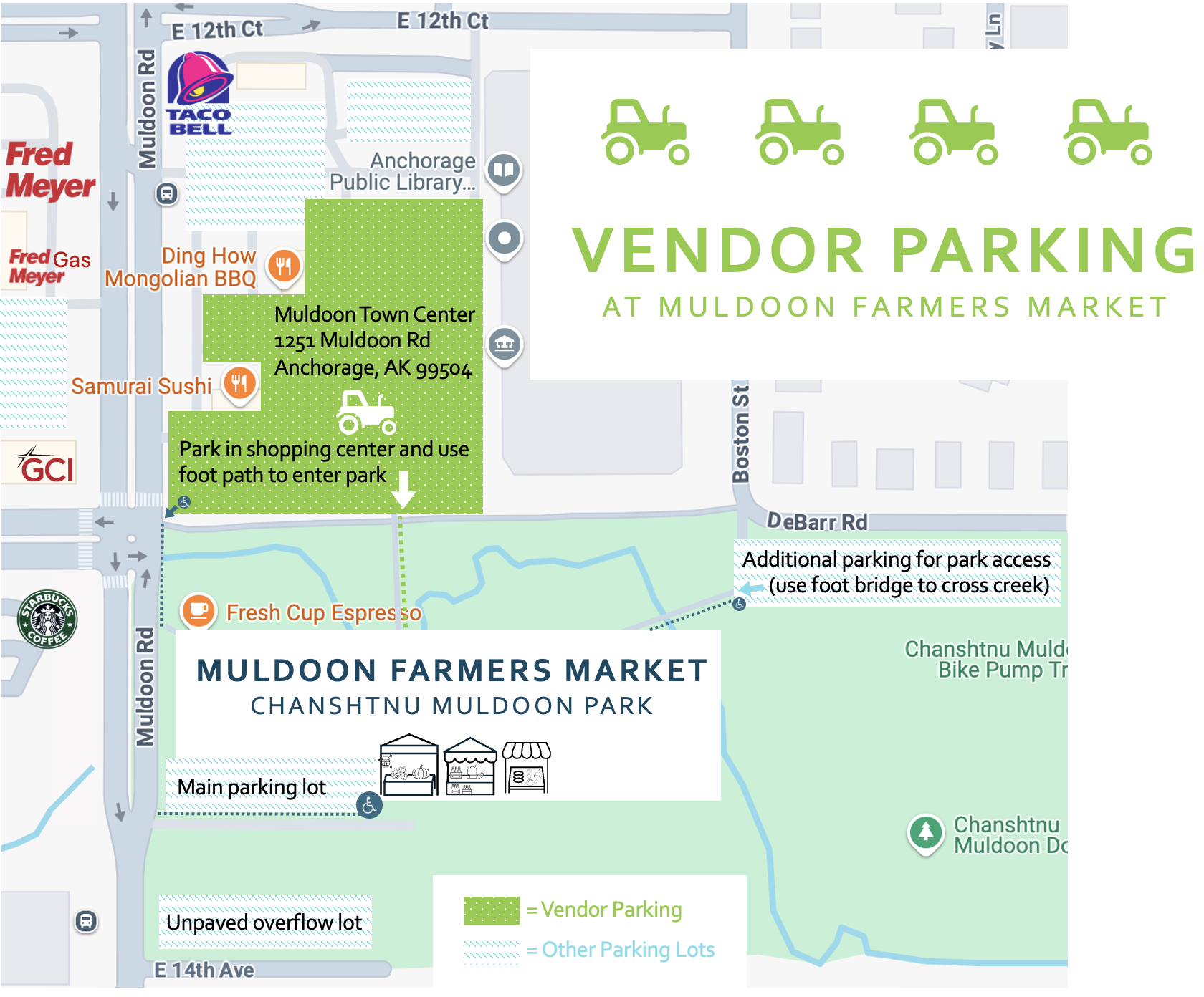 Map of vendor parking for Muldoon Farmers Market
Muldoon Town Center
1251 Muldoon Rd
Anchorage, AK 99504